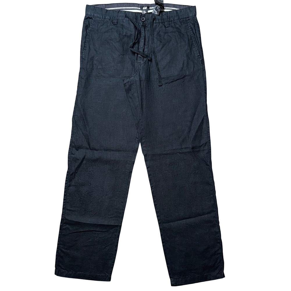 H&M Black 100% Linen Straight Leg Drawstring Pants 33R‎ Womens Mens Casual